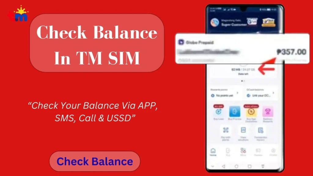 Check TM Load & Data Balance - TM Balance Inquiry 1 TM SIM balance check banner with text 'Check Balance In TM SIM,' app on smartphone shows ₱357.00 balance and 62 MB / 54.07 GB data left."