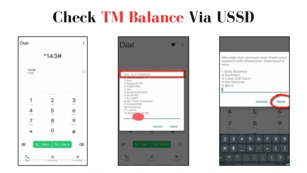 Check TM Load & Data Balance - TM Balance Inquiry 4 TM balance check via USSD showing *143# dial pad, selecting balance options from the menu, and account screen with Send button highlighted.