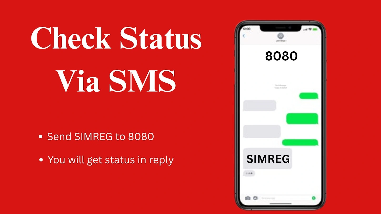 Instructions to check service status via SMS by sending "SIMREG" to 8080, showing a smartphone with messages.