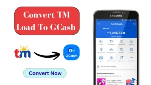Split image showing “Convert TM Load To GCash,” TM and GCash logos, a “Convert Now” button, and my phone showing the converted GCash balance.