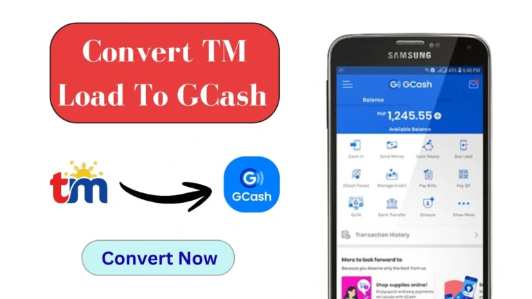 Split image showing “Convert TM Load To GCash,” TM and GCash logos, a “Convert Now” button, and my phone showing the converted GCash balance.