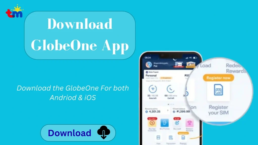 GlobeOne app download banner with text “Download GlobeOne App,” showing a phone with the app interface, “Register your SIM.”