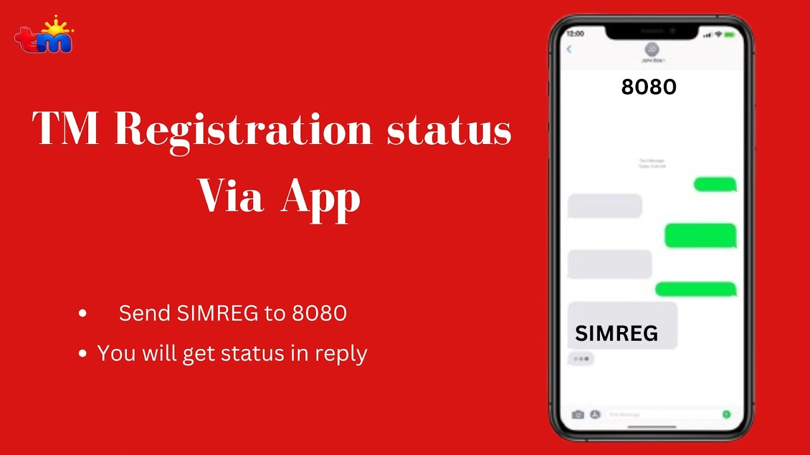 TM Registration status via app showing "Send SIMREG to 8080" and "You will get status in reply" on a smartphone.