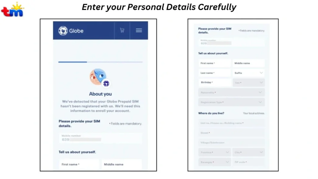 TM SIM registration form with fields for mobile number, SIM details, and personal information including name, birthday, and nationality.
