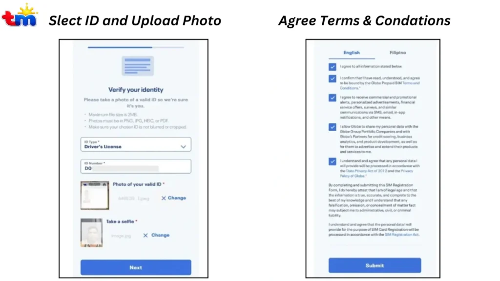 TM SIM identity verification form with ID upload and selfie on the left, and terms agreement with checkboxes on the right.