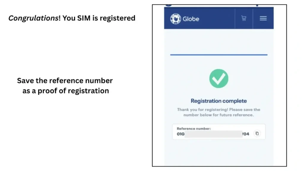 My TM SIM registration successful registration notification screenshot showing reference number and instructions to save it.
