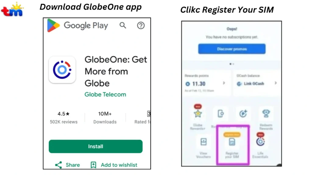 Download GlobeOne app from Google Play with install options on the left, and in-app homescreen showing “Register your SIM” icon on the right.