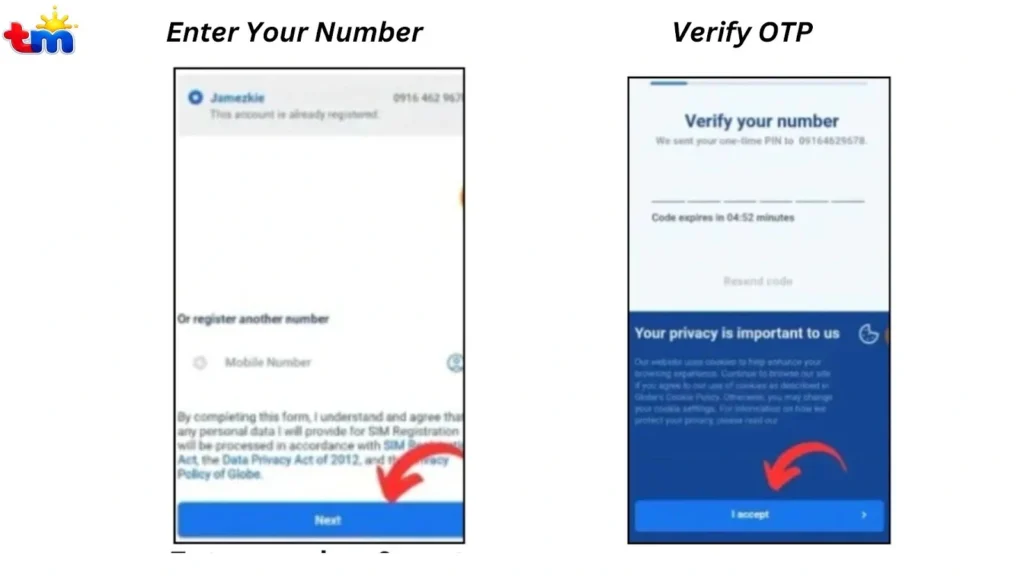 Two side-by-side smartphone screens showing TM SIM registration with number entry on the left and OTP verification on the right.