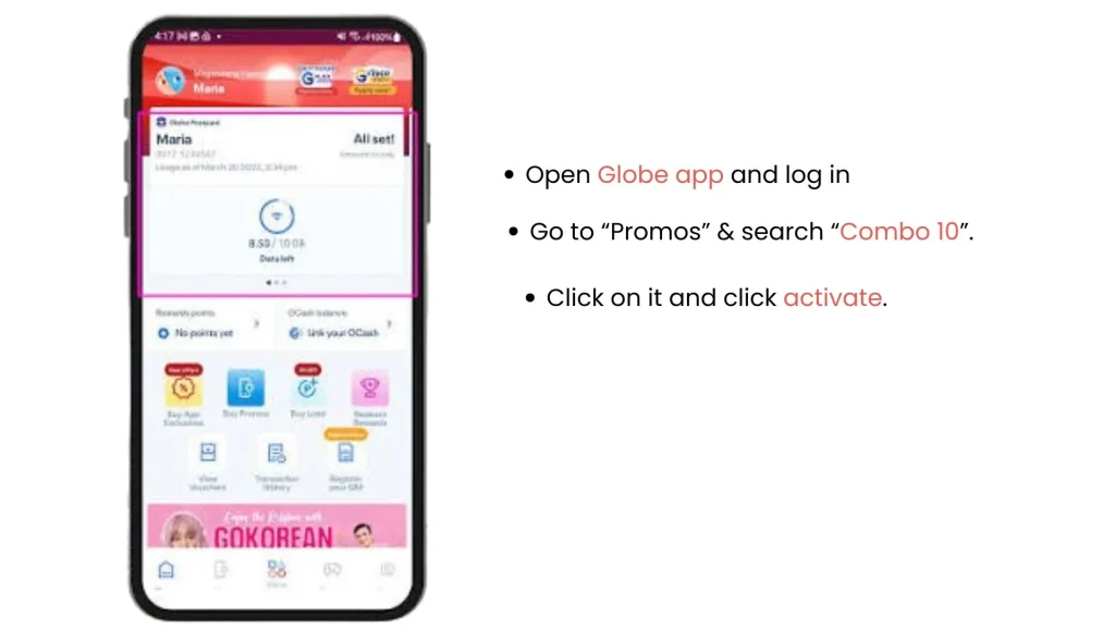 Combo 10 TM (CA10) | Unlimited Calls & Text for ₱10 3 how to subscribe combo Via GlobeOne App